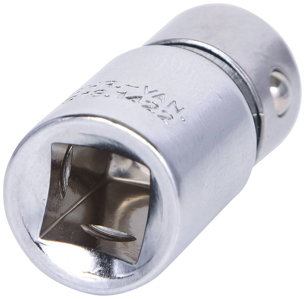 Stříbrná univerzální kloubová hlavice se čtvercovým otvorem, používaná pro nástrčné klíče k dosažení obtížně přístupných míst.