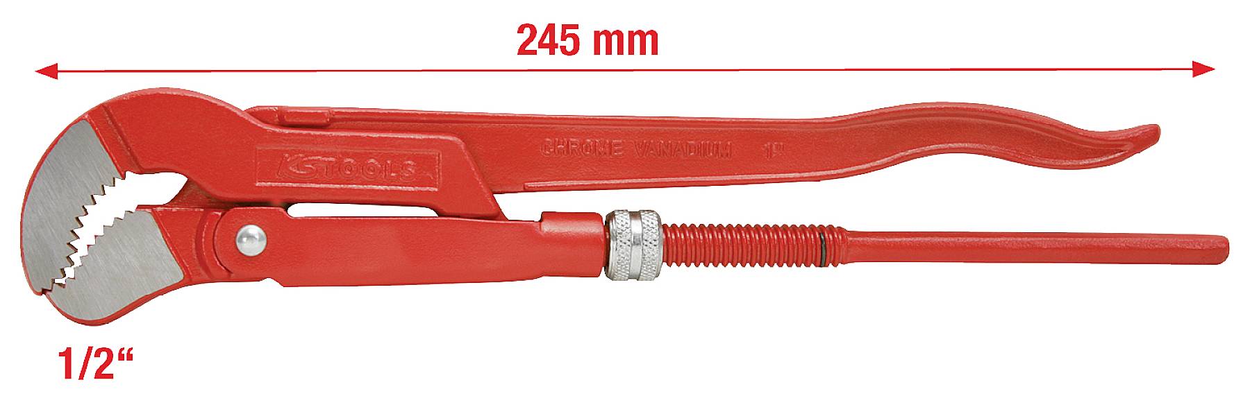 Červené instalatérské kleště z kovu, 245 mm dlouhé, s ozubenými čelistmi a nastavovacím mechanismem, zobrazené na bílém pozadí.
