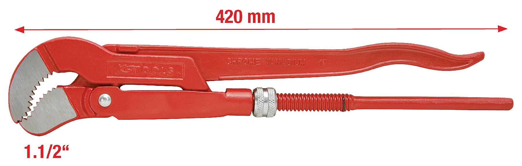 Červené instalatérské kleště, celková délka 420 mm, s ohnutou rukojetí a nastavitelnou roztečí čelistí, vhodné pro potrubí o průměru 1,5 palce.