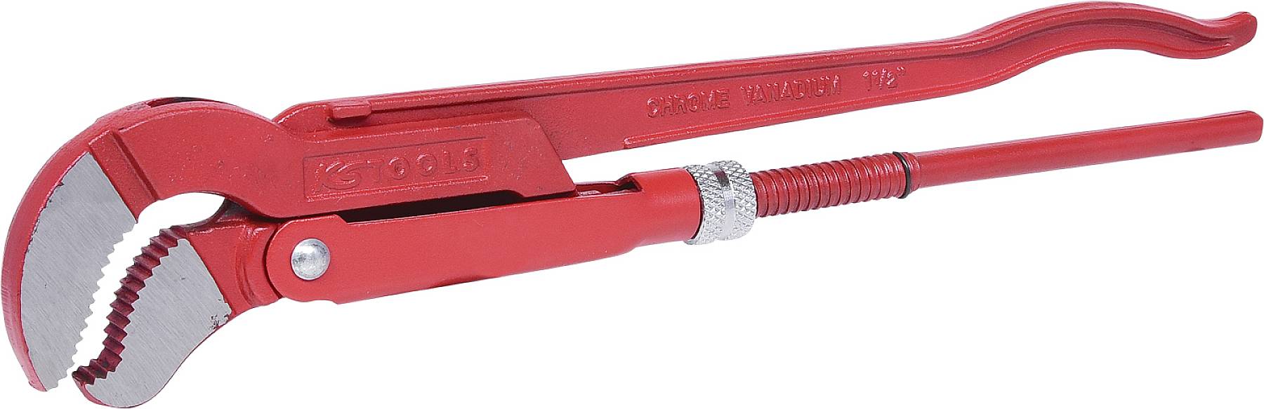 Červené instalatérské kleště s nastavitelnou rukojetí a ozubenými čelistmi pro uchopení a fixaci, ideální pro instalatérské práce.