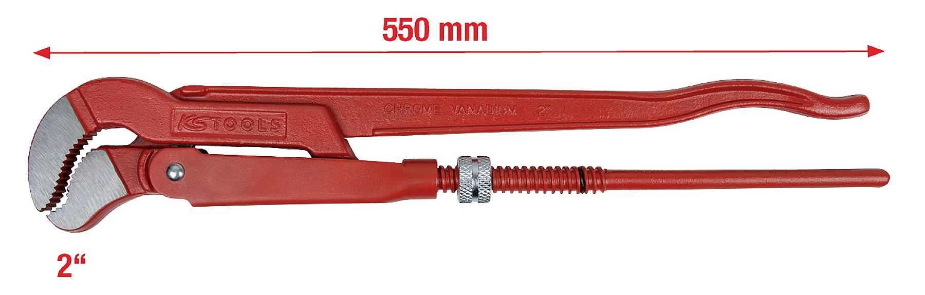 Červené instalatérské kleště s celkovou délkou 550 mm. Rozsah sevření je uveden jako 2 palce. Kleště jsou vyrobeny z kovu.