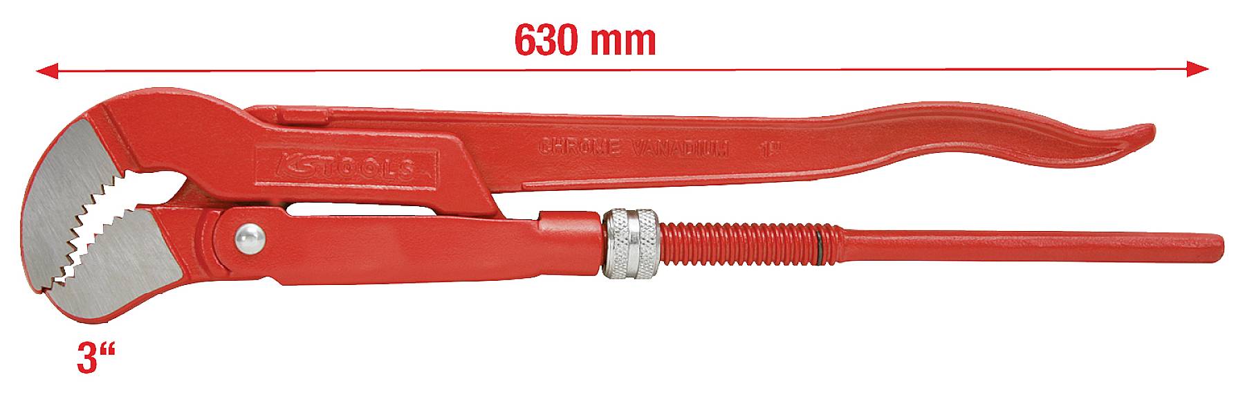 Červený instalatérský klíč, 630 mm dlouhý, s čelistmi o rozevření 3 palce.