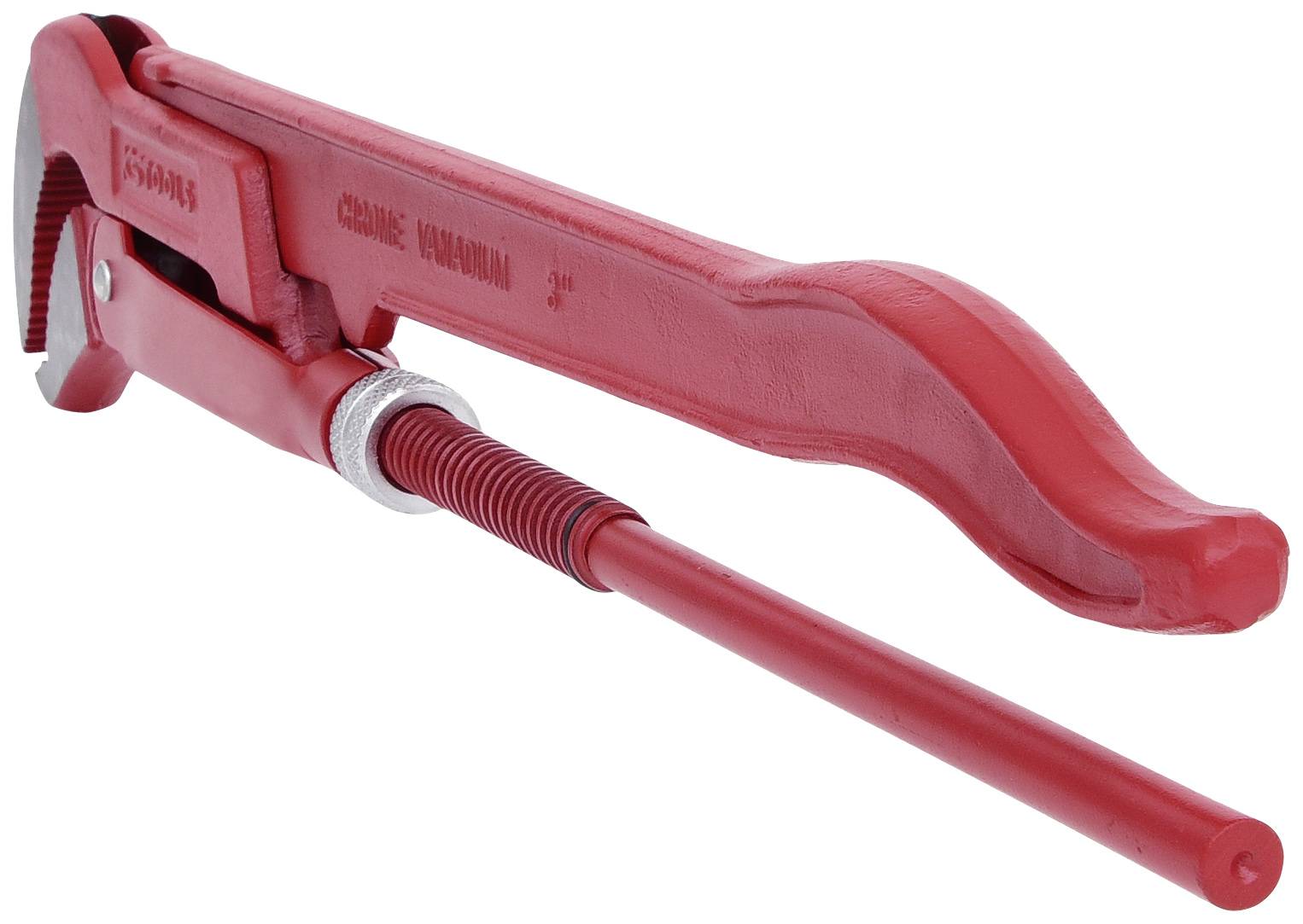Červené kovové instalatérské kleště ležící na boku, otevřené, ukazující ozubený čelist a rukojeť s otočným mechanismem pro nastavení velikosti.