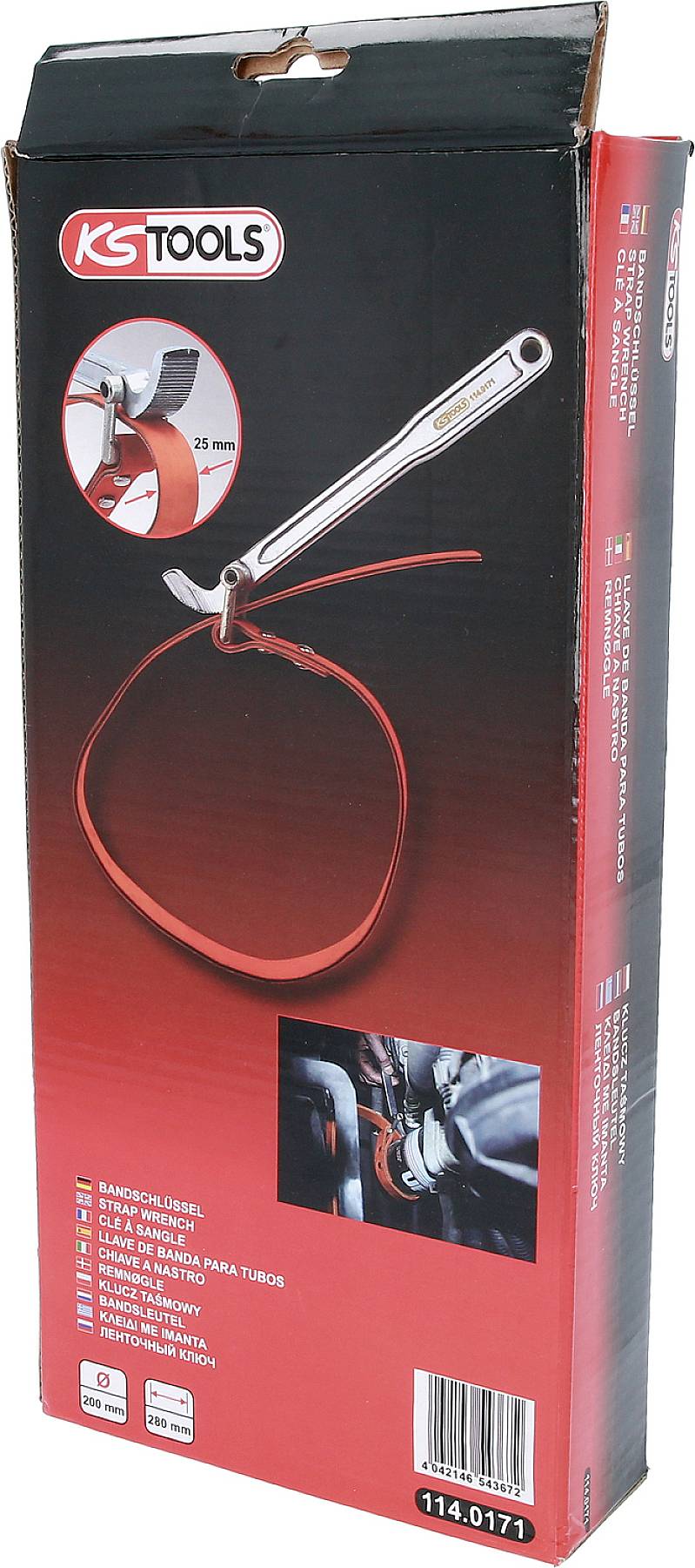 Červený pásový klíč od KS Tools v krabici, zobrazený s popisem a návodem k použití pro montáž olejových filtrů nebo trubek.
