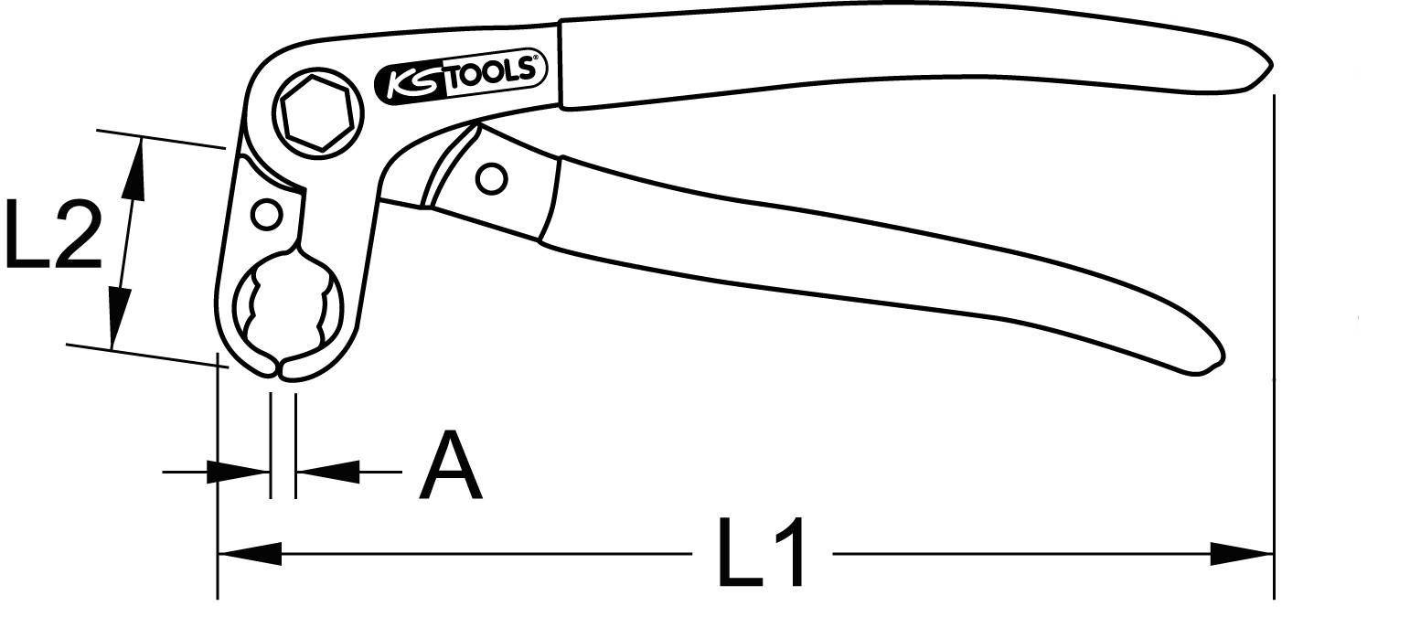 Obrázek kleští od KS Tools s technickým výkresem zobrazujícím rozměry L1, L2 a A.