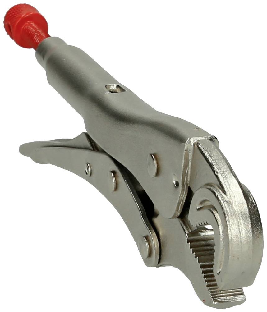 Stříbrné upínací kleště s červeným koncem rukojeti, v otevřené poloze, ukazují ozubené čelisti. Vhodné pro uchopení a držení předmětů.