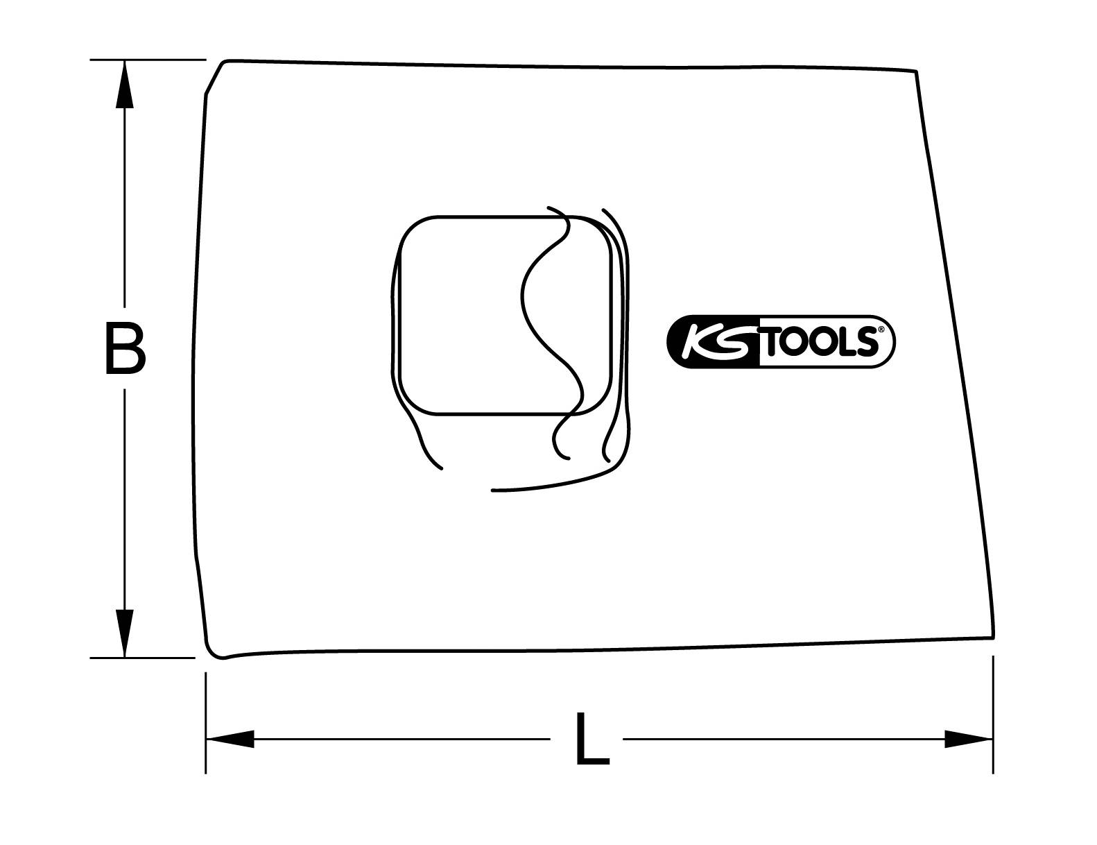 Ilustrace obdélníkové látky s centrálním řezem a logem 'KS TOOLS' umístěným vpravo vedle něj. Opatřeno délkovými rozměry L a B.