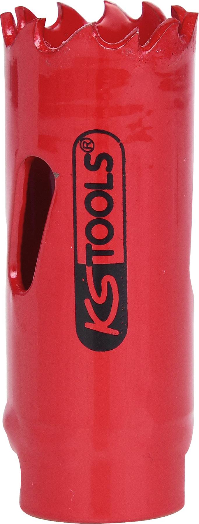 Červený vrták se zubatým okrajem a bočním zářezem. Černé logo s nápisem 'KS Tools' na povrchu.