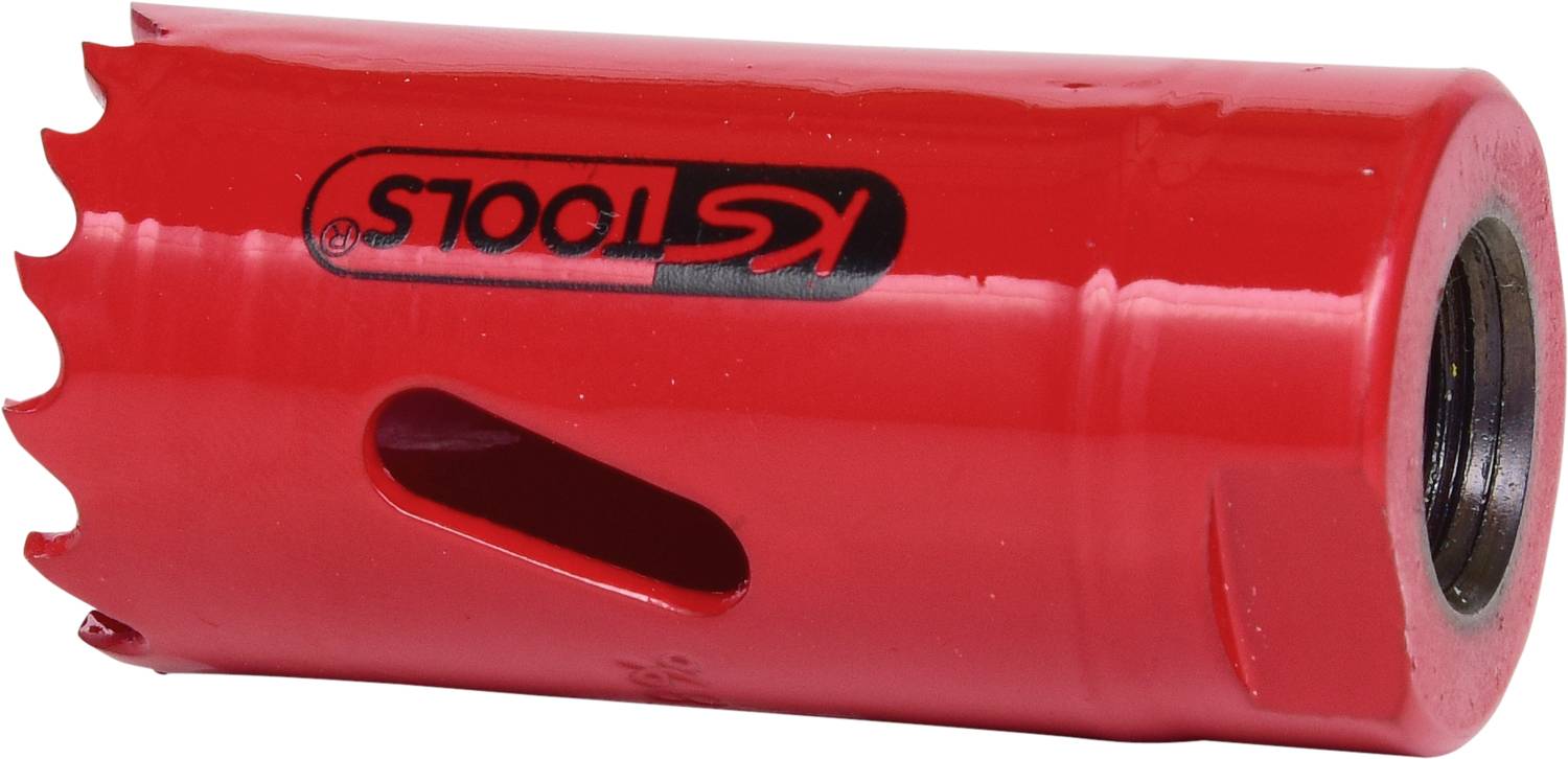 Červený bimetalový pilový list s logem "K-Tools", zuby po obvodu, průměr pět centimetrů, vhodný pro vrtání do kovu.
