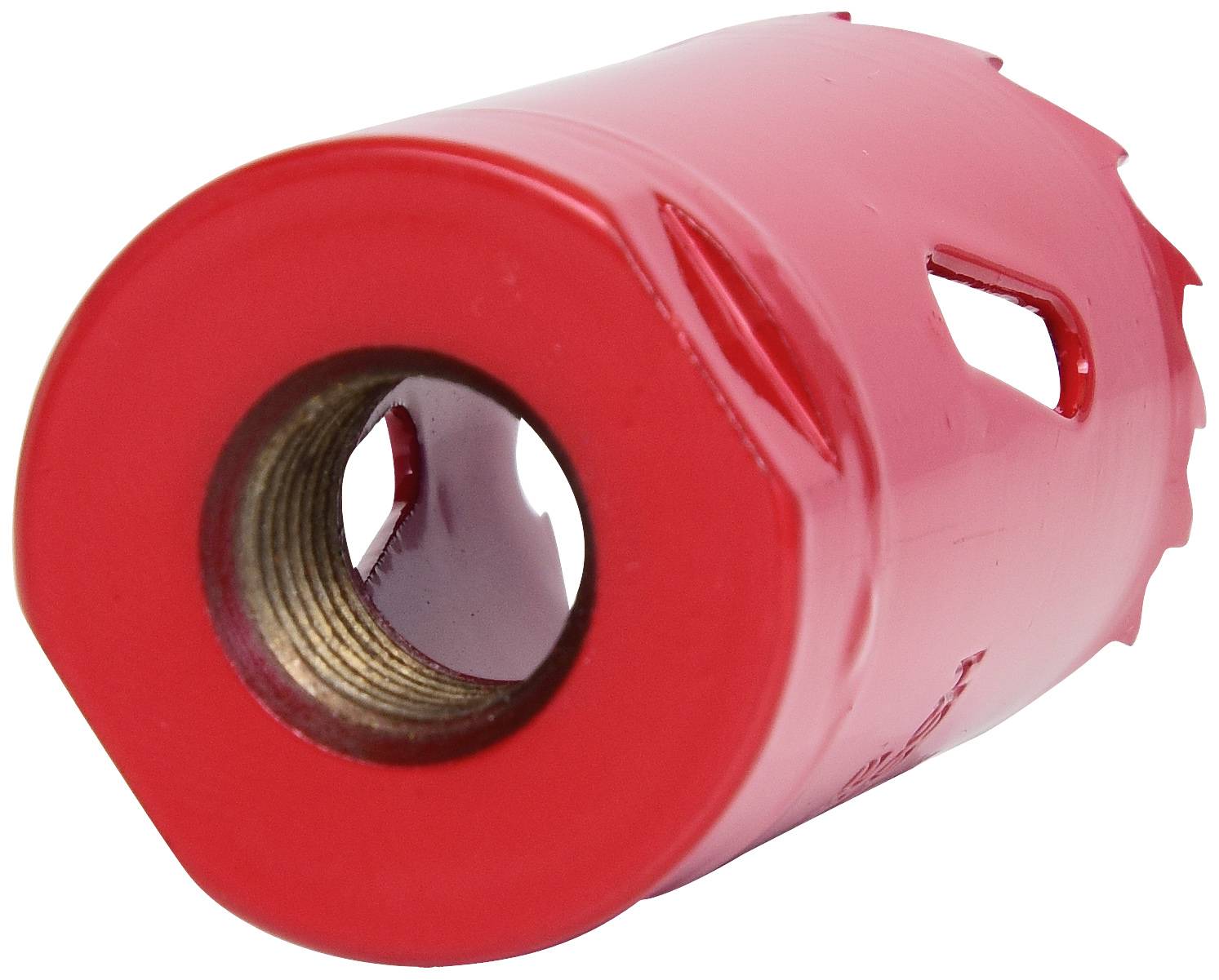 Červený nástavec kotoučové pily se zubaným ostřím, vhodný pro vrtání do různých materiálů.