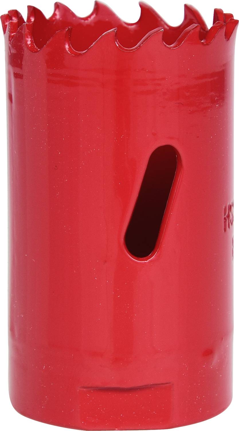 Červený děrovací vrták se zubaným okrajem a bočním otvorem. Vhodný pro vrtání velkých otvorů v materiálech jako dřevo nebo kov.