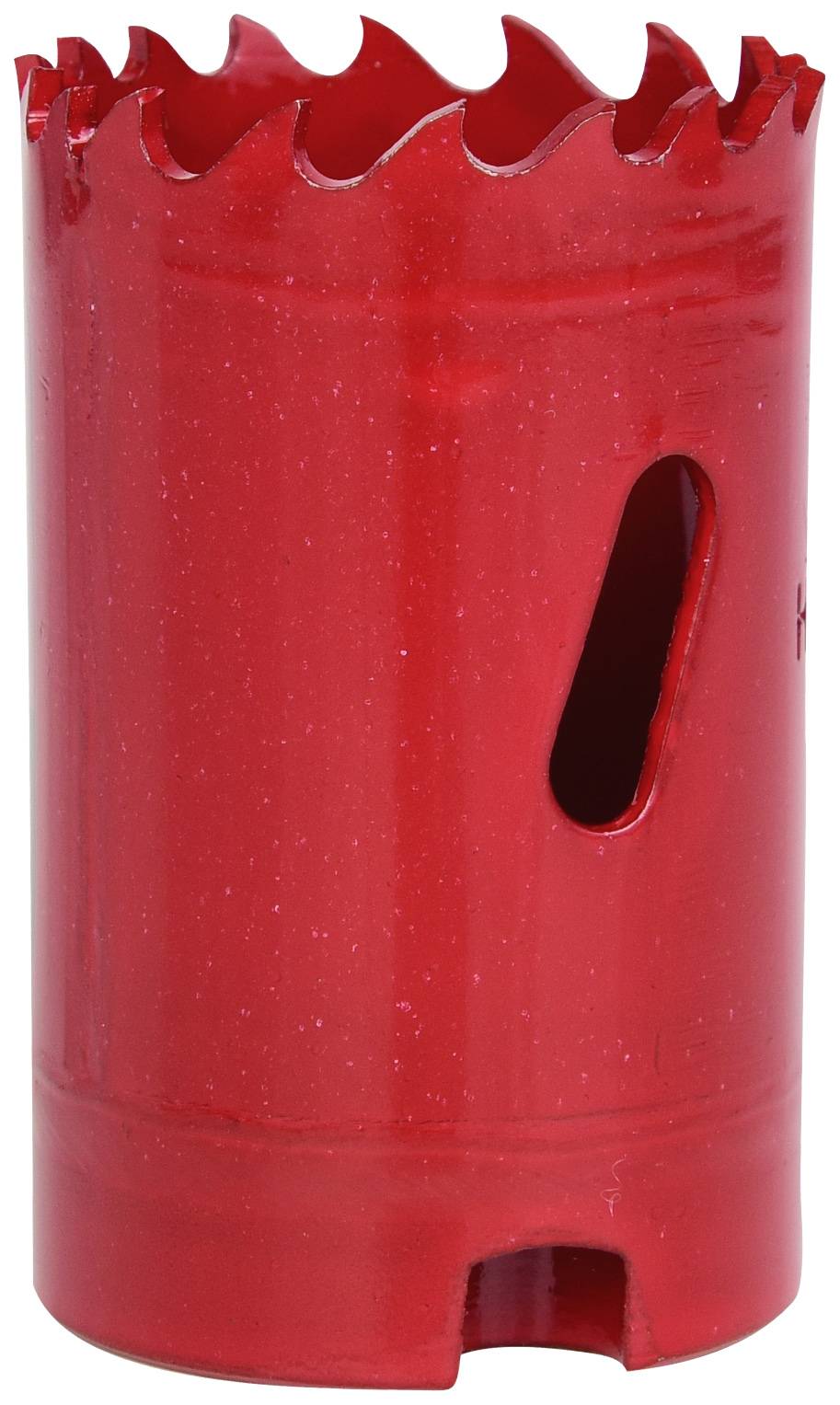 Červený nástavec na děrovku s ozubenými okraji, vhodný pro vrtání velkých kruhových otvorů v materiálech jako dřevo nebo kov.