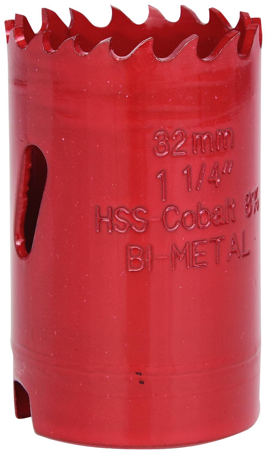 Červený HSS-kobaltový bi-metalový nástavec na děrovku o velikosti 32 mm (1 1/4"), vhodný pro přesné vrtání do různých materiálů.