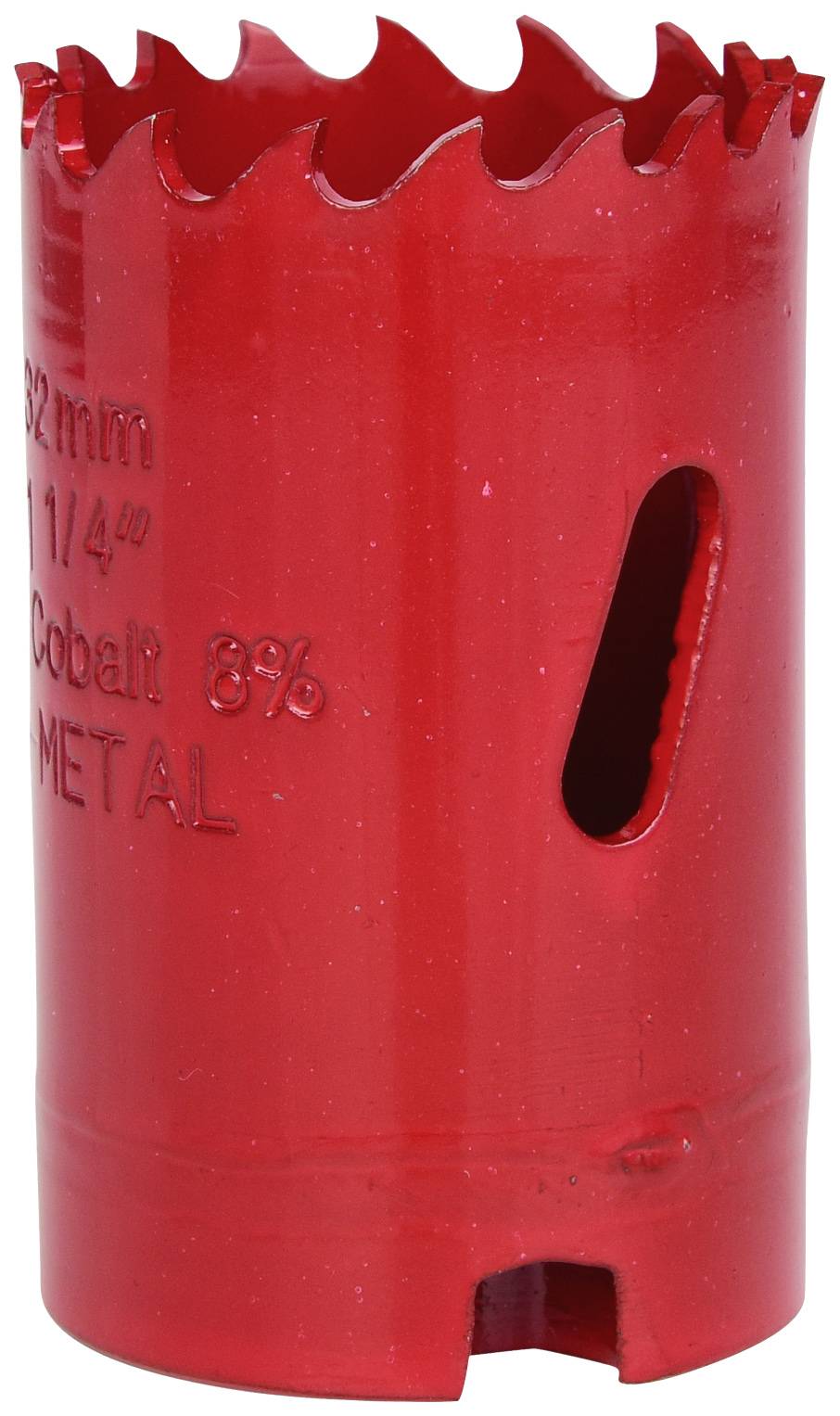 Červený kovový list děrovky s ozubeným okrajem a bočním otvorem, vhodný pro přesné řezání materiálů.