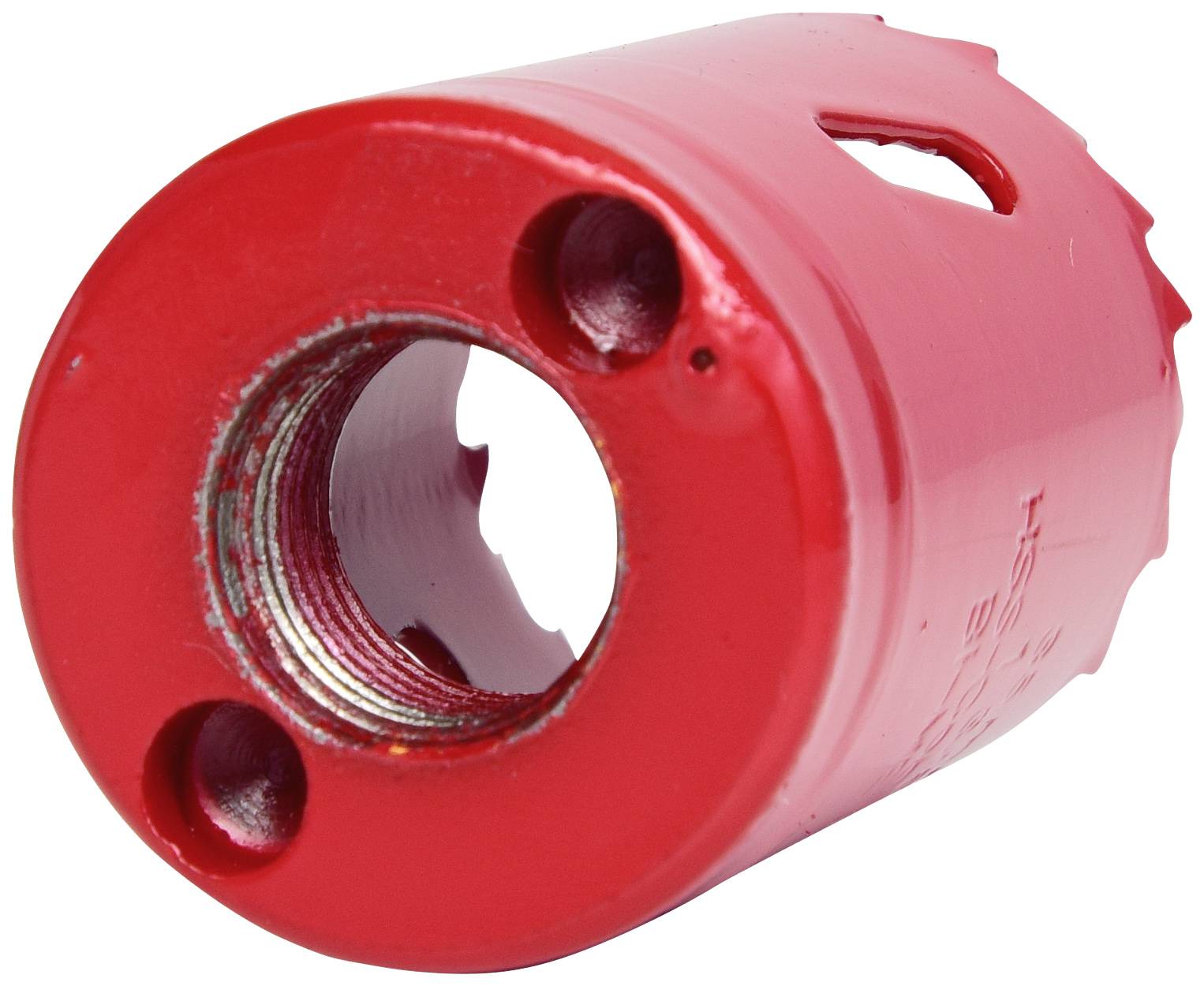 Červená hlava děrovací pily se zubaným okrajem a centrálním otvorem. Vhodná pro řezání kruhových tvarů v materiálech.