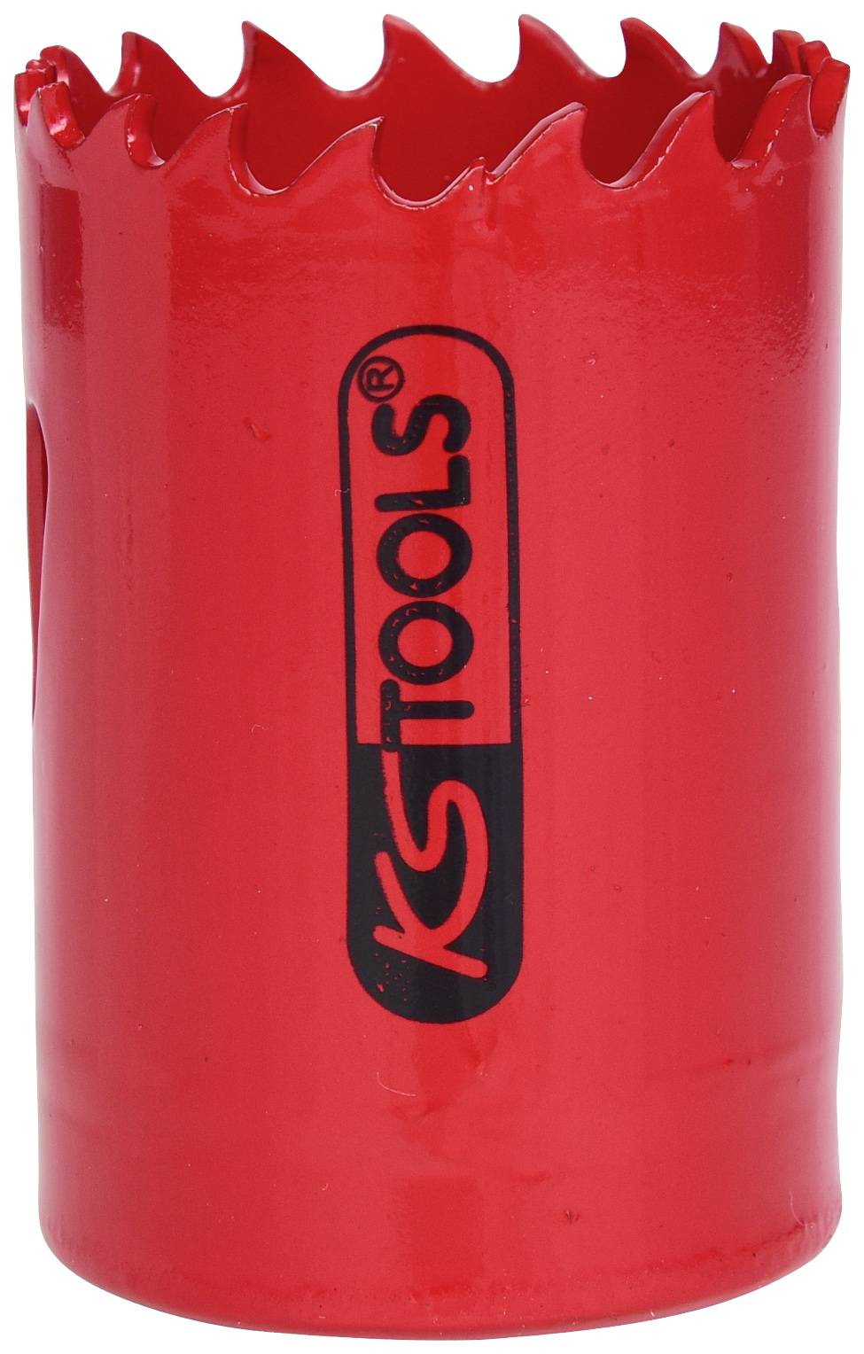 Červený list děrové pily s ozubeným okrajem a nápisem 'KS Tools'. Vhodný pro vrtání do dřeva, kovu a plastu.