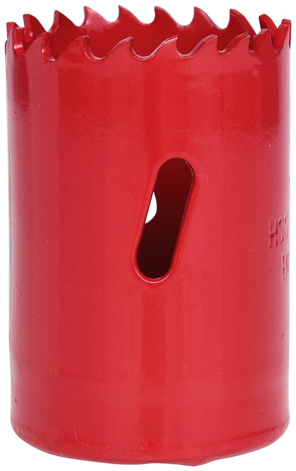 Červený list děrovací pily se zubatým ostřím a oválným otvorem na straně, primárně používaný pro opracování dřeva a kovu.