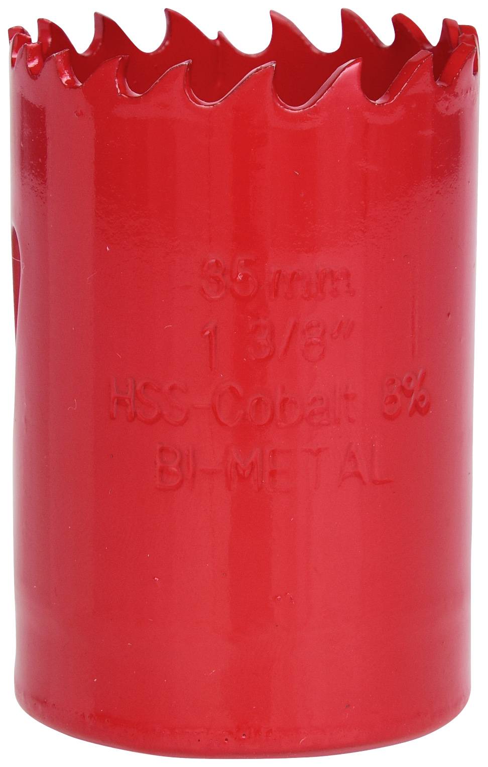 Červený nástavec děrovací pily s popiskem: '35 mm, 1 3/8", HSS-kobalt 8%, BI-METAL'. Používá se k vyvrtávání otvorů v materiálech.