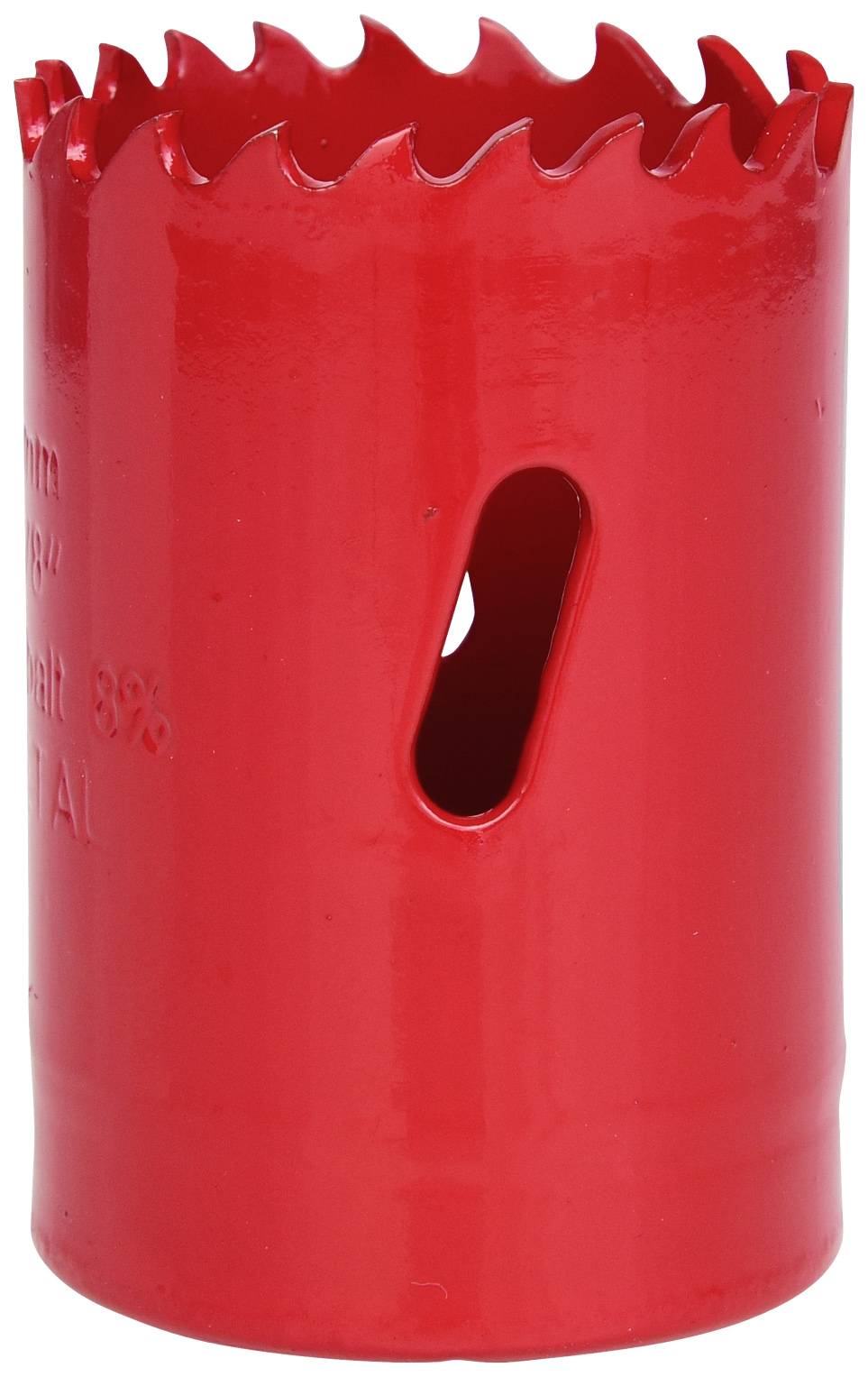 Červený dutý vrták se zubaným ostřím a oválným otvorem na straně.