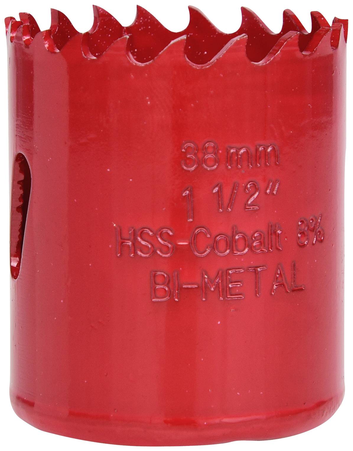 Červená děrovací pilka, průměr 38 mm, HSS-kobalt 8% BI-METAL, ozubený okraj. Vhodná pro řezání kovu.