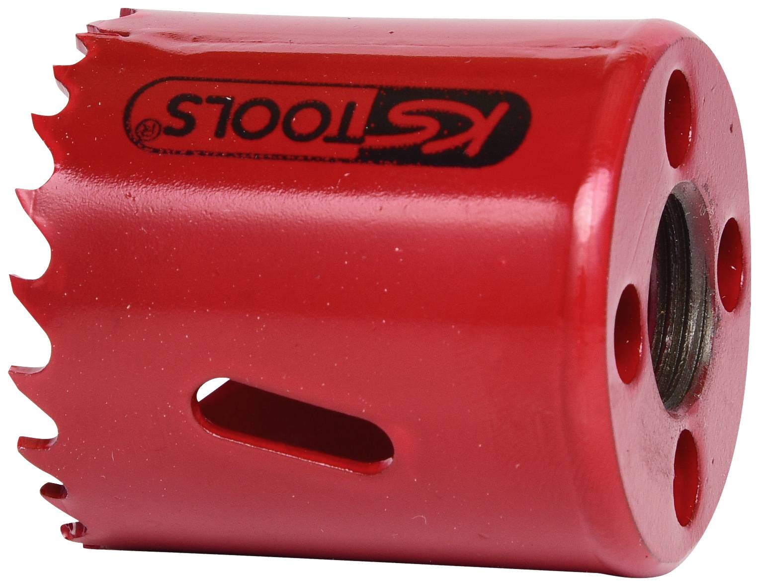 Červený vrtací věnec se zubaným ostřím a bočním štěrbinou, vhodný pro vrtání otvorů v různých materiálech.