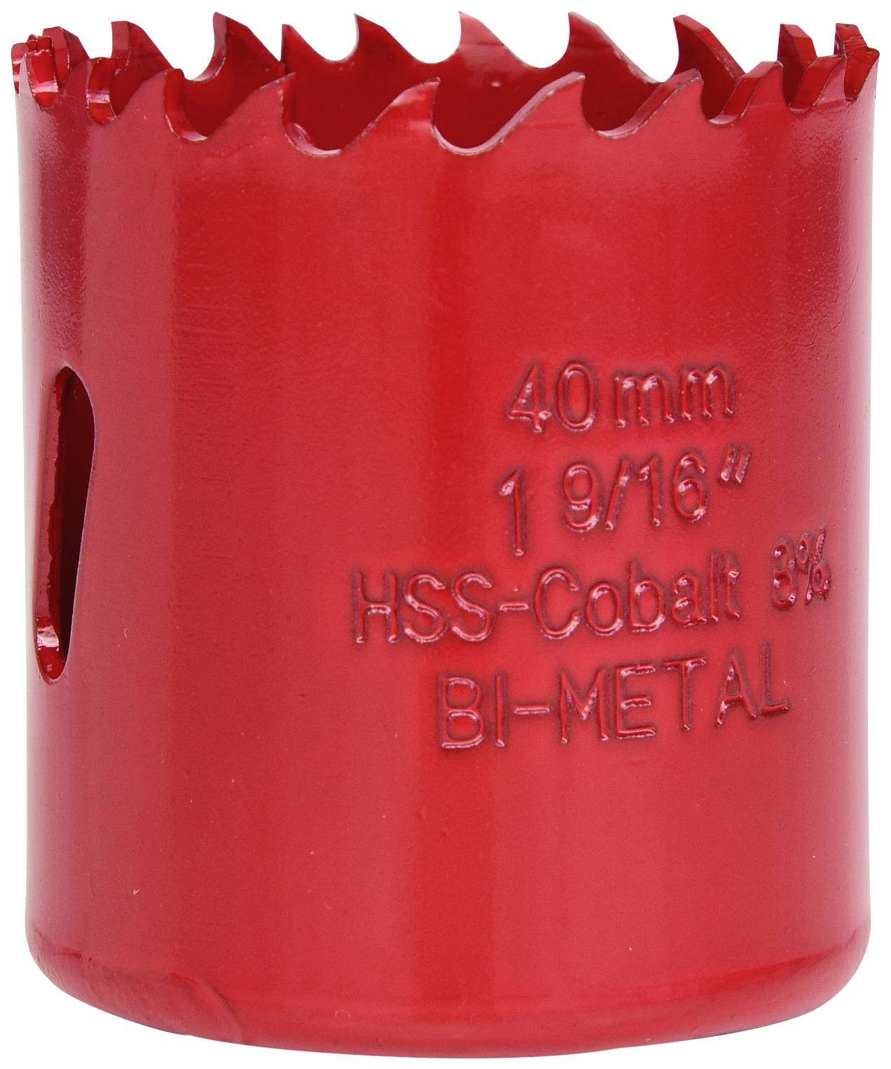 Červený pilový list s nápisem '40 mm 1 9/16" HSS-Kobalt 8% BI-METAL'.
