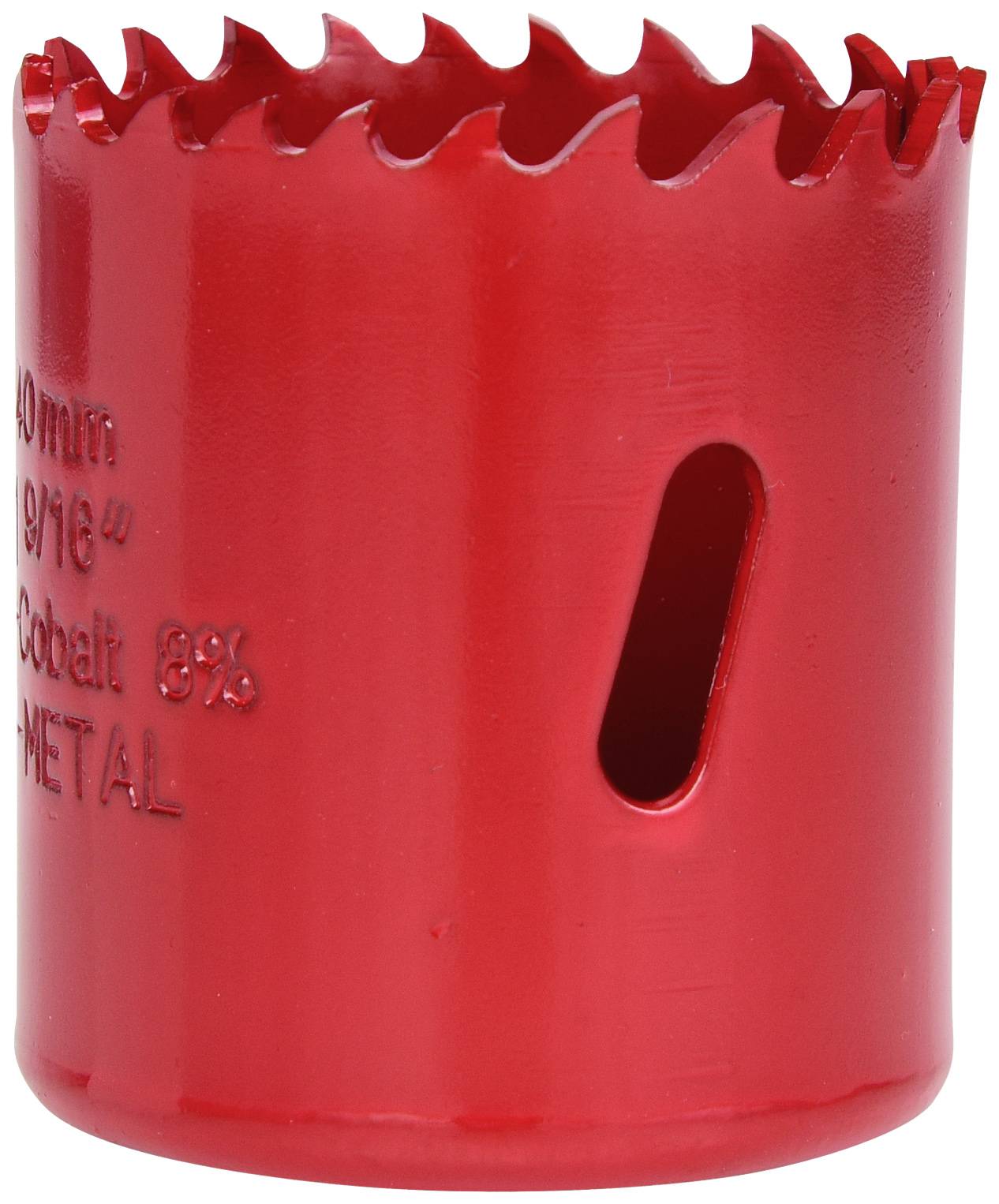 Červený pilový list na děrování s ozubeným okrajem a bočním štěrbinou, který zajišťuje efektivní vrtání do kovů.