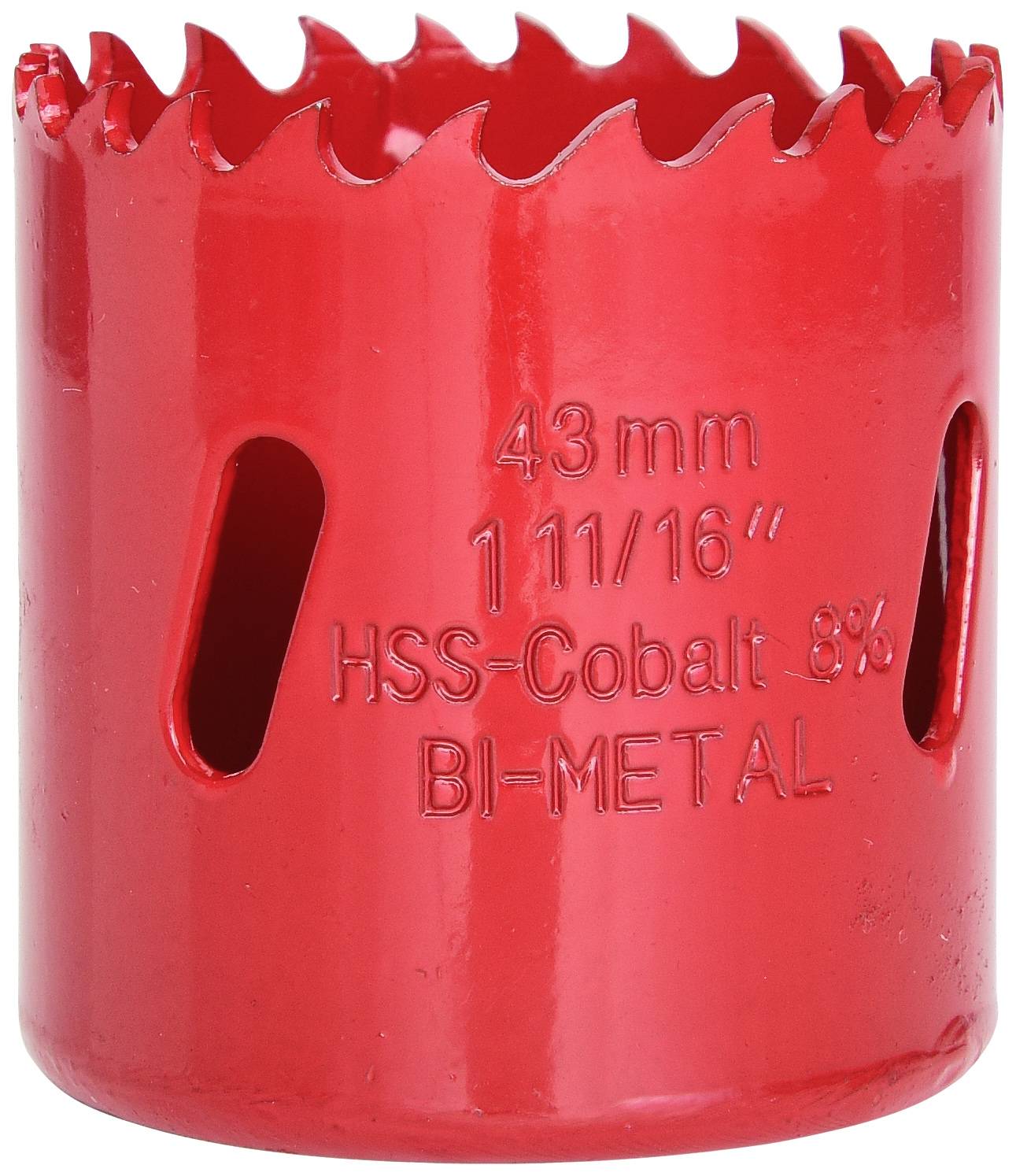 Červený bimetalový korunový vrták s nápisem '43mm 1 11/16" HSS-Kobalt 8%', vhodný pro řezání kovů.