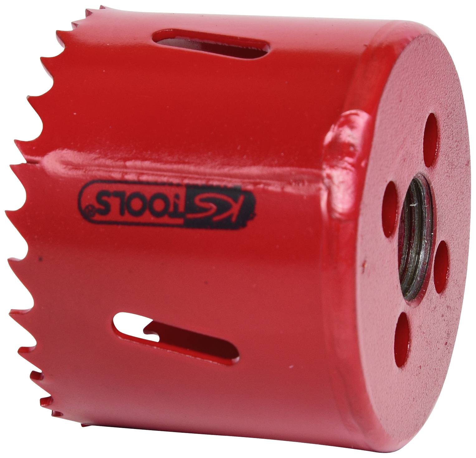 Červený nástavec pilky na děrování s ozubeným okrajem a několika otvory. Logo značky na straně. Používá se k vrtání velkých děr do materiálů.