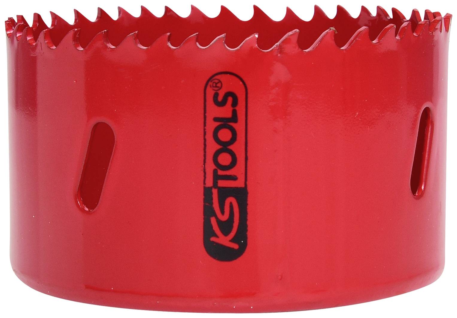 Červený list děrovací pily s bočními štěrbinami, označený štítkem 'KS Tools'. Primárně určený pro přesné kruhové řezy v různých materiálech.