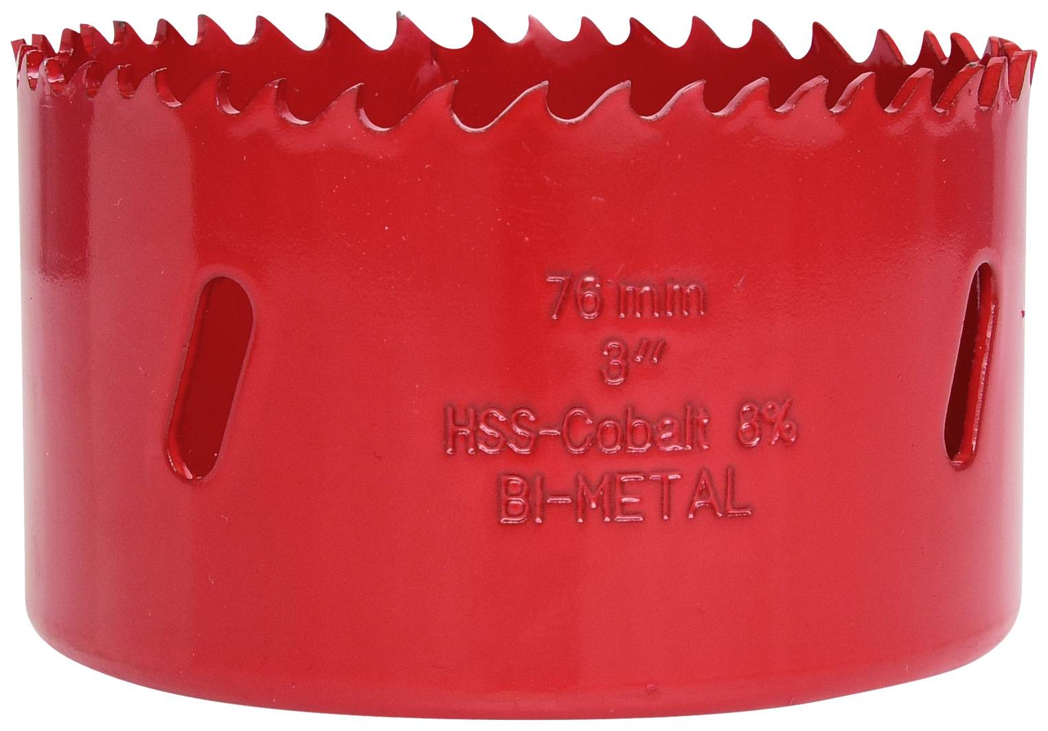Kulaté, červené bi-metalové pilové plátky s nápisem '70 mm 2 3/4, HSS-Co8 B1-Metal', používané pro vrtání do kovů a dřeva.