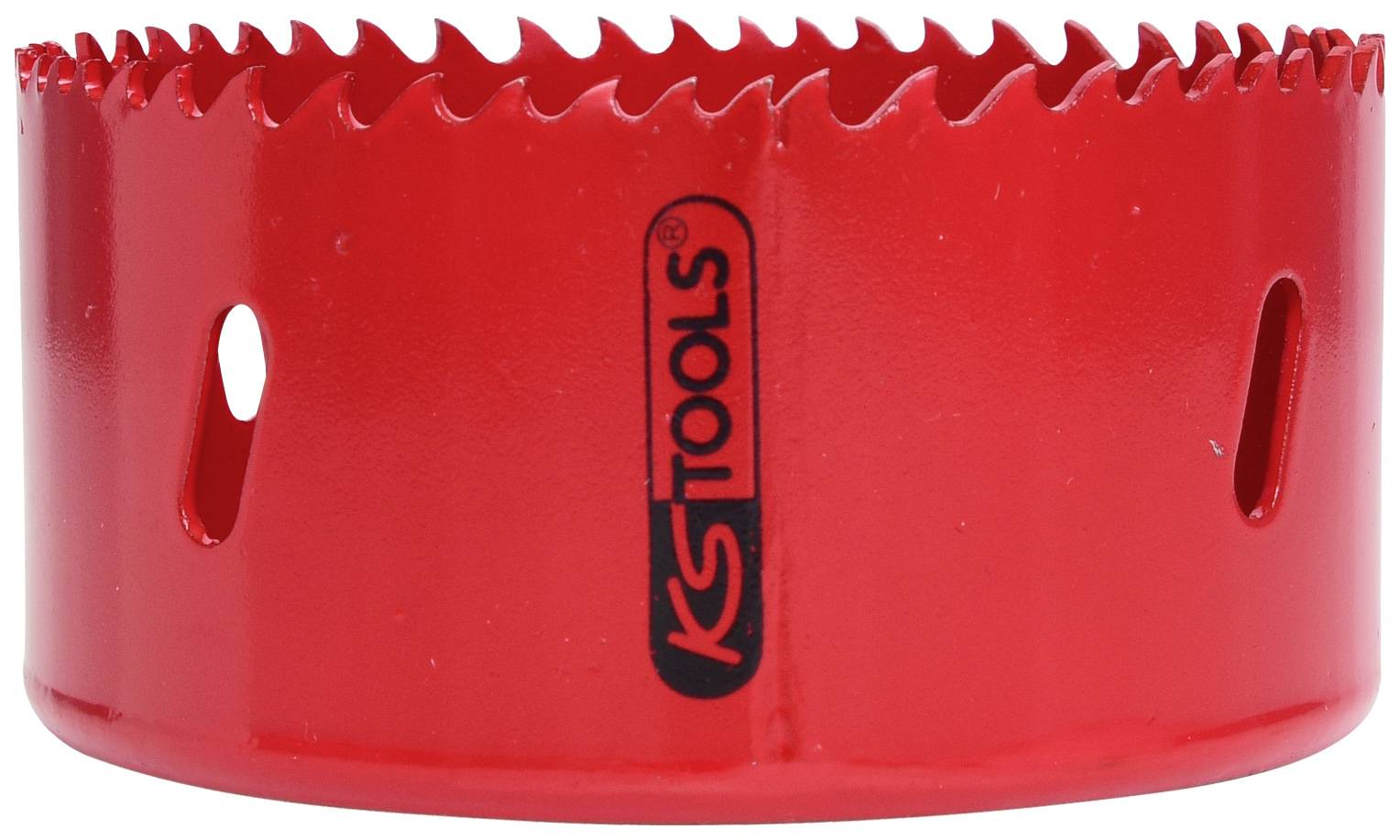 Červený nástavec pilky z kovu s ostrými zuby, označený značkou 'KS TOOLS'. Používá se k řezání kruhových otvorů v materiálech.