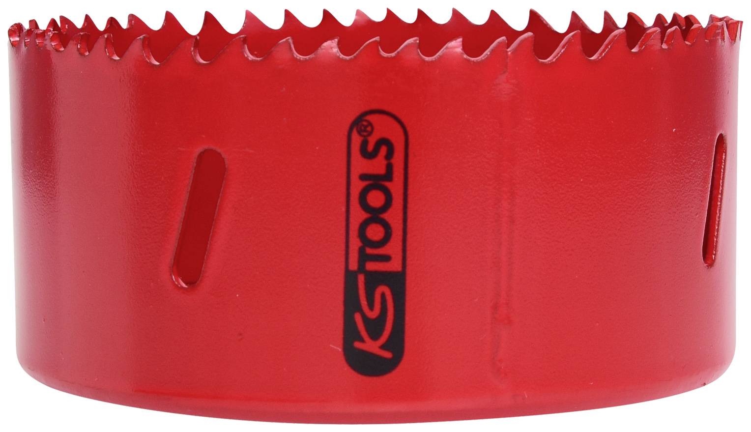 Červený pilový list s děrovaným okrajem a logem 'KS Tools'. Vhodný pro vrtání do různých materiálů.