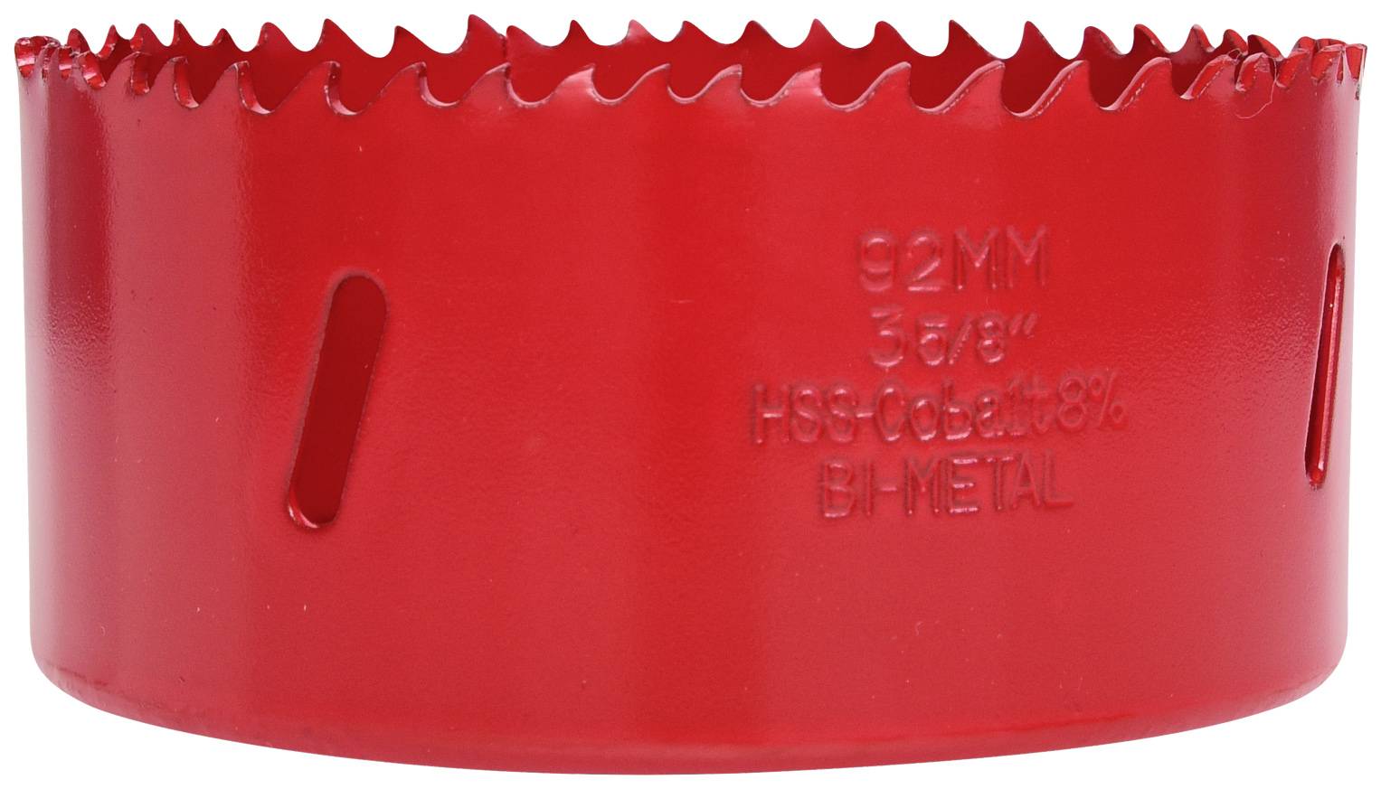 Červený pilový list s ozubeným okrajem s nápisem '92 mm, 3 5/8", HSS-CO8%, BI-METAL'.