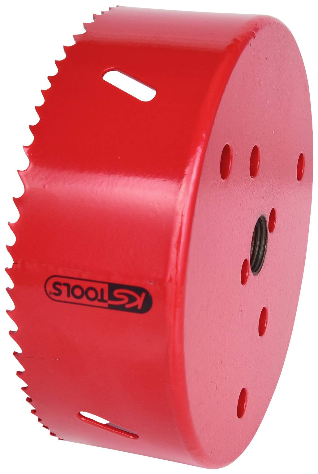 Červená děrovací pila se zubaným ostřím a několika otvory, viditelné firemní logo 'KS TOOLS'. Nástroj pro přesné vrtání.