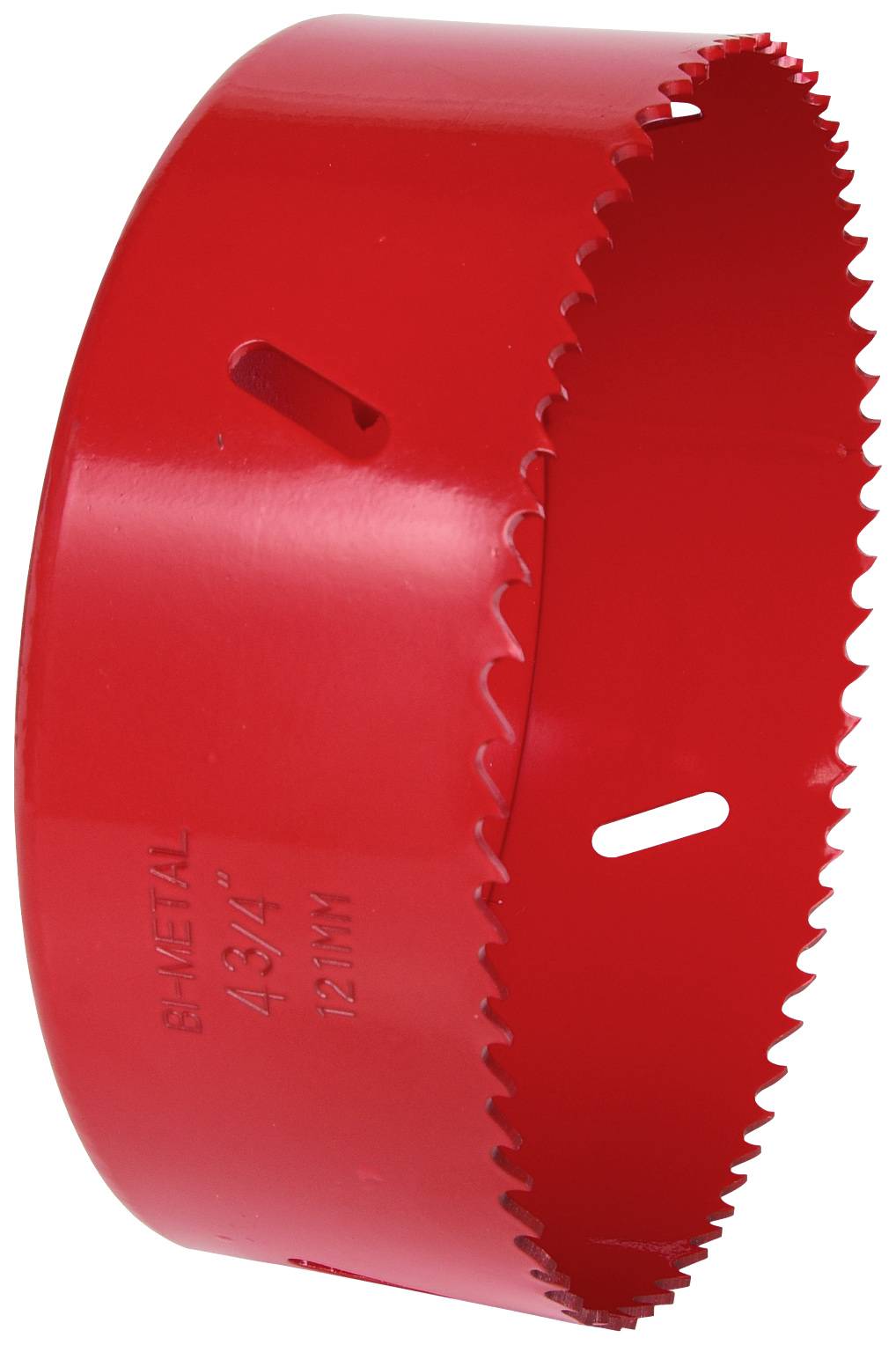 Červený kovový pilový list s hrubými zuby, válcovitého tvaru, s bočním otvorem. Vhodný pro vrtací práce ve dřevě a kovu.