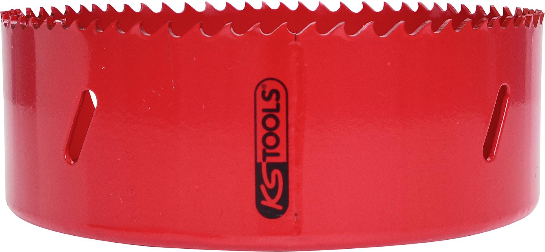 Červený nástavec děrovací pily s ostrými zuby v horní části. Nástavec má štěrbiny po stranách a vytištěné logo 'KS Tools'.