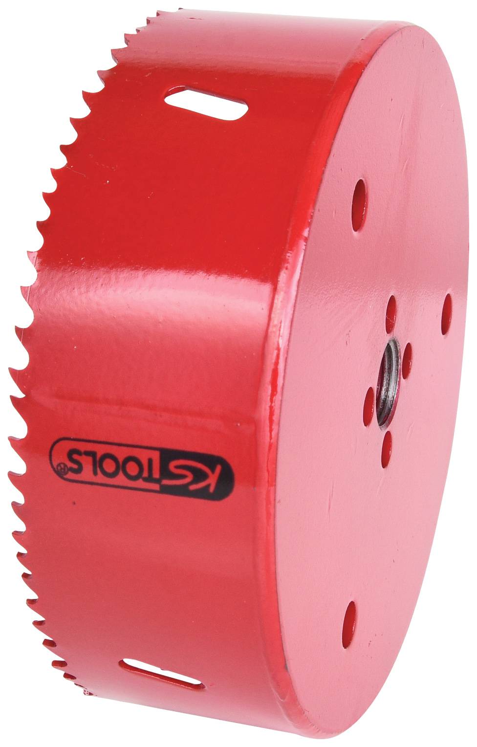 Červený pilový nástavec s ozubeným ostřím a několika otvory pro přizpůsobení. Vhodný pro řemeslné použití.
