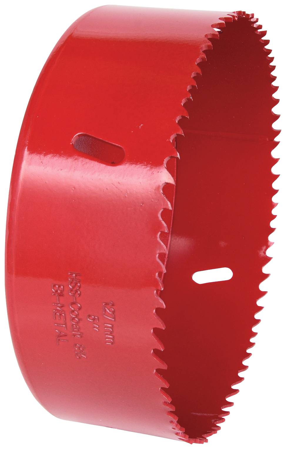 Kulaté, červené pilové kotouče s ostrými zuby, pohled z boku. Průměr 127 mm, vhodné pro řezání kovu.