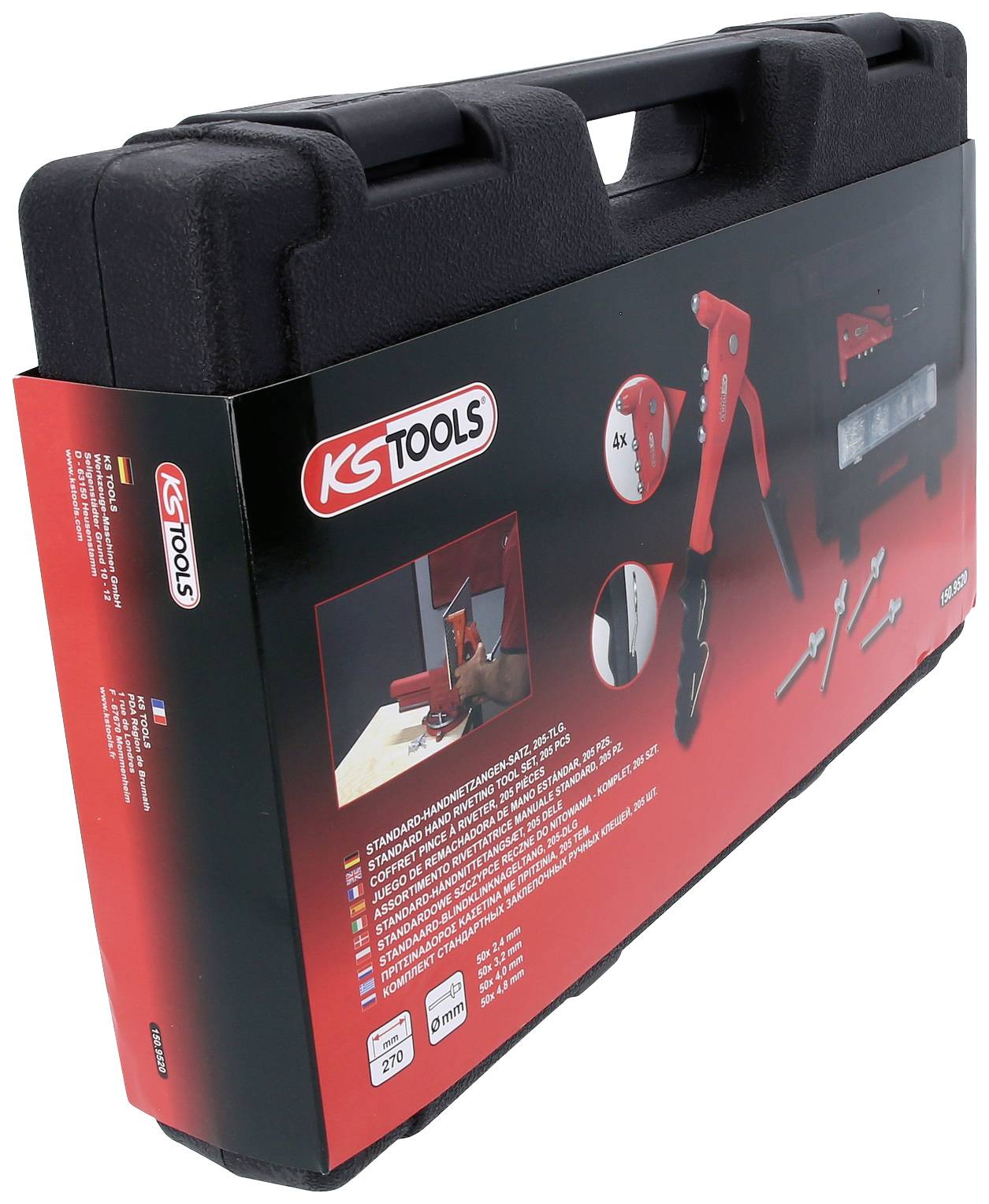 Černý kufřík na nářadí od KS Tools s červeným štítkem, zobrazující různé nástroje a ukázkové obrázky použití na obalu.