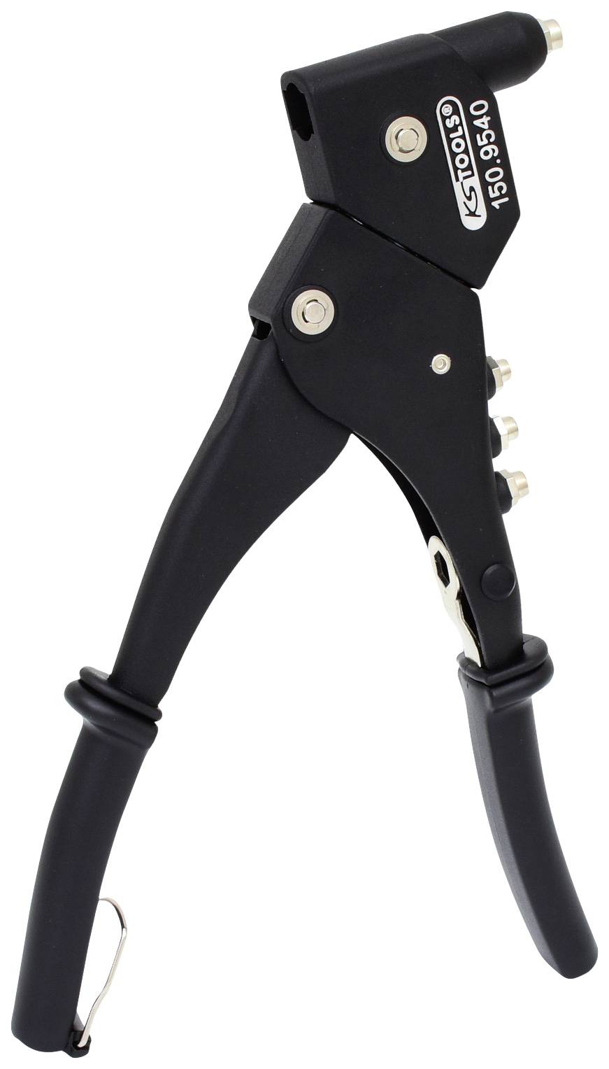 Nýtovací kleště s ergonomickou rukojetí a nastavitelnou hlavou, vhodné pro různé nýtovací práce. Černý, robustní design.