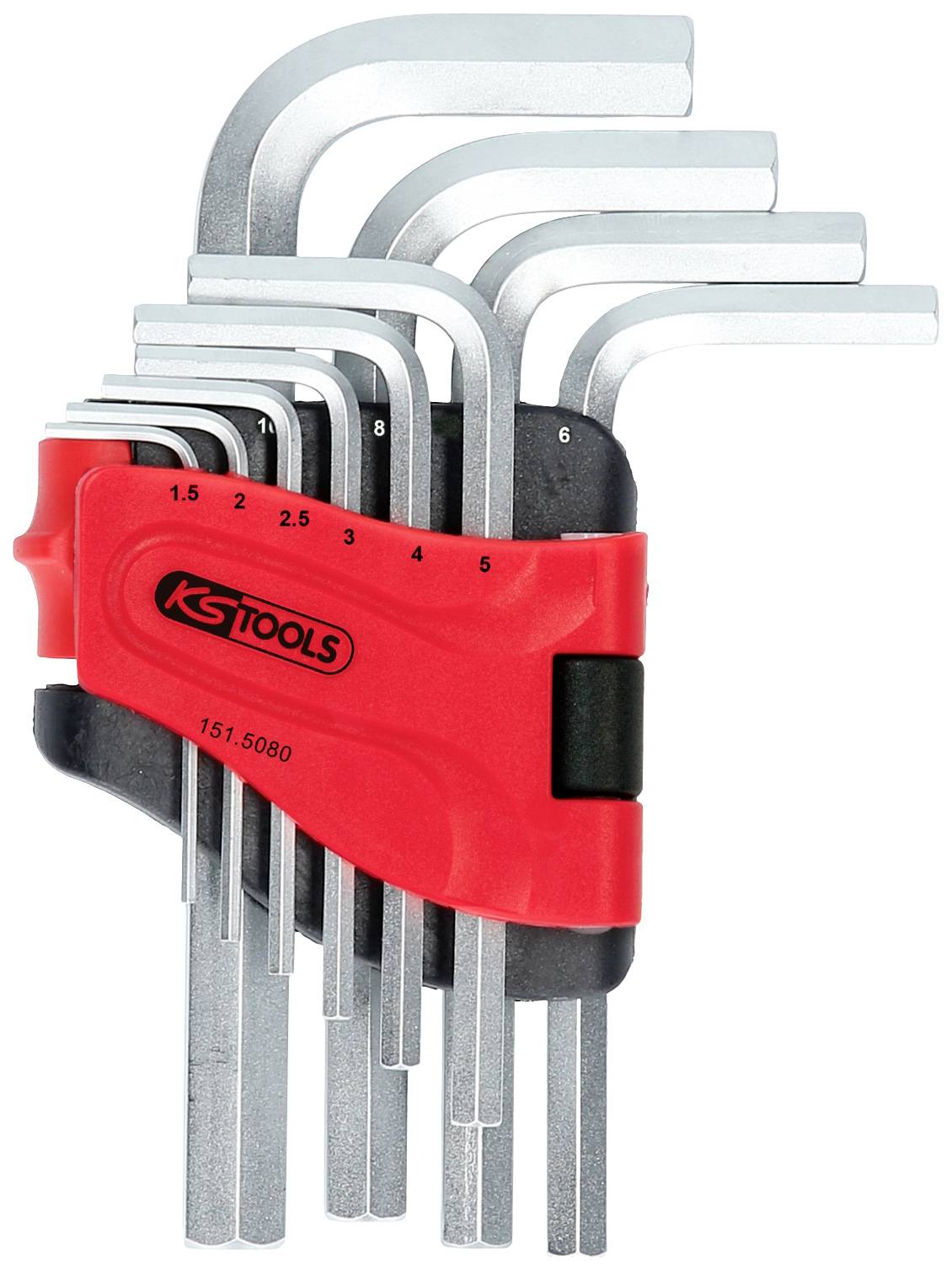 Sada inbusových klíčů v různých velikostech, uspořádaná v červeném držáku.