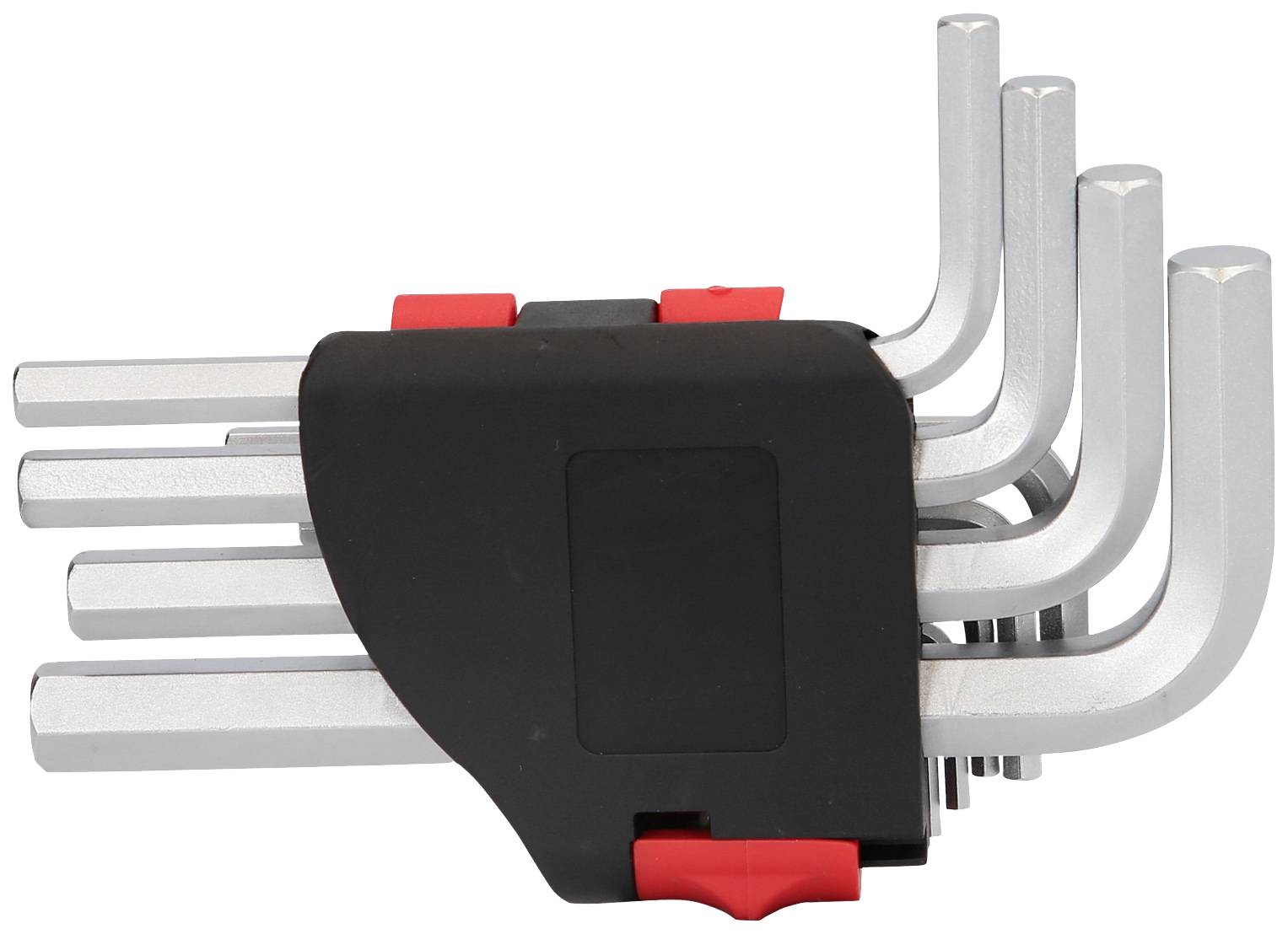 Sada šesti stříbrných inbusových klíčů v různých velikostech, pečlivě uspořádaných v černém a červeném držáku.