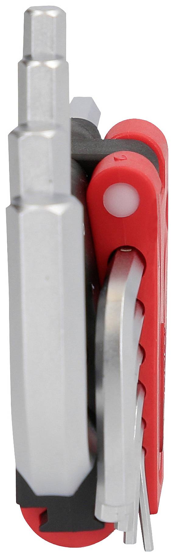 Červený multifunkční nástroj s různými kovovými nástroji, jako jsou šroubováky a imbusové klíče.