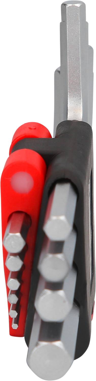 Sada šestihranných inbusových klíčů v černém a červeném držáku nářadí, svisle uložená.