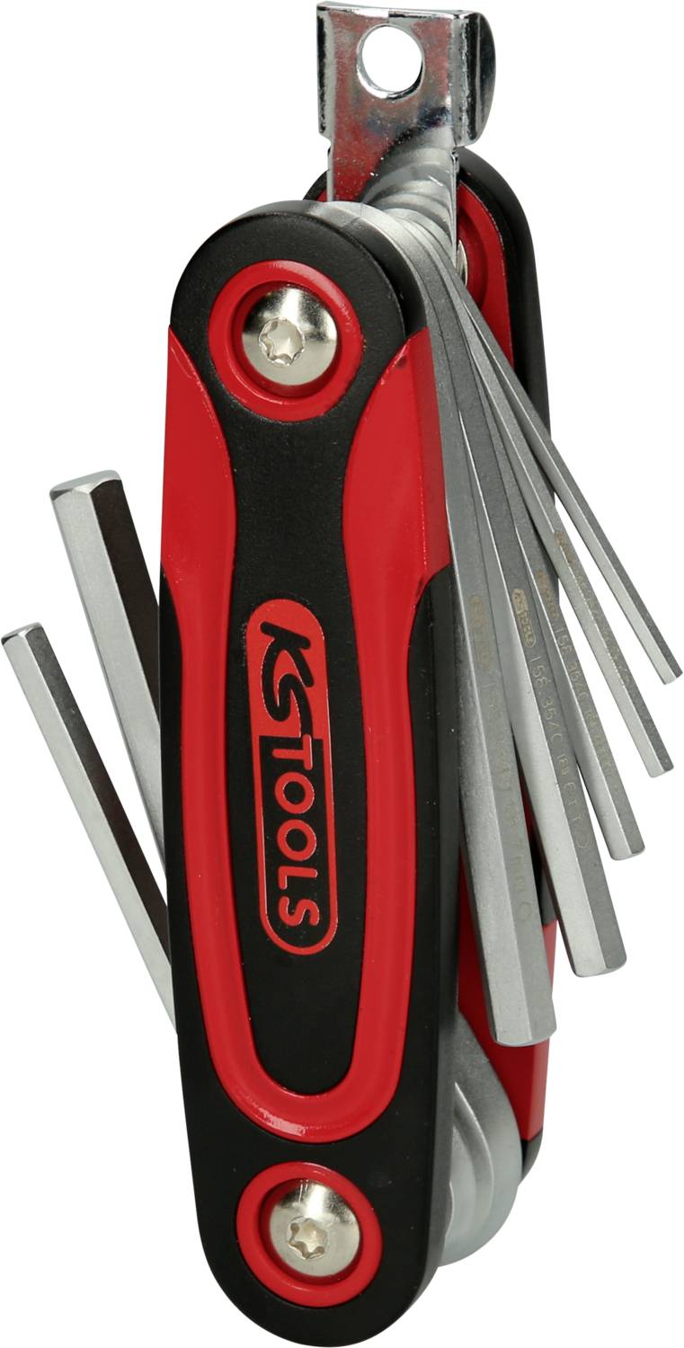Červený, skládací multitool s několika stříbrnými imbusovými klíči různých velikostí.