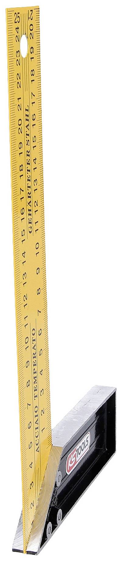 Obrázek úhelníku se žlutým kovovým ramenem a stříbrnou rukojetí, používaný k měření a kreslení pravoúhlých linií.
