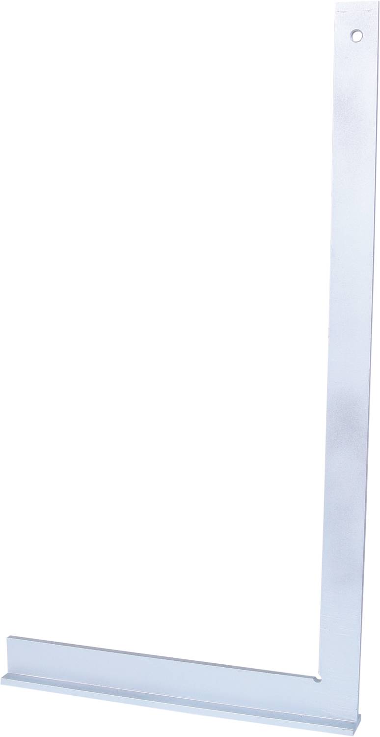 Ocelový kovářský úhelník s otvorem, vhodný pro truhlářské práce, zobrazuje svislou a vodorovnou hranu pro přesné zarovnání.