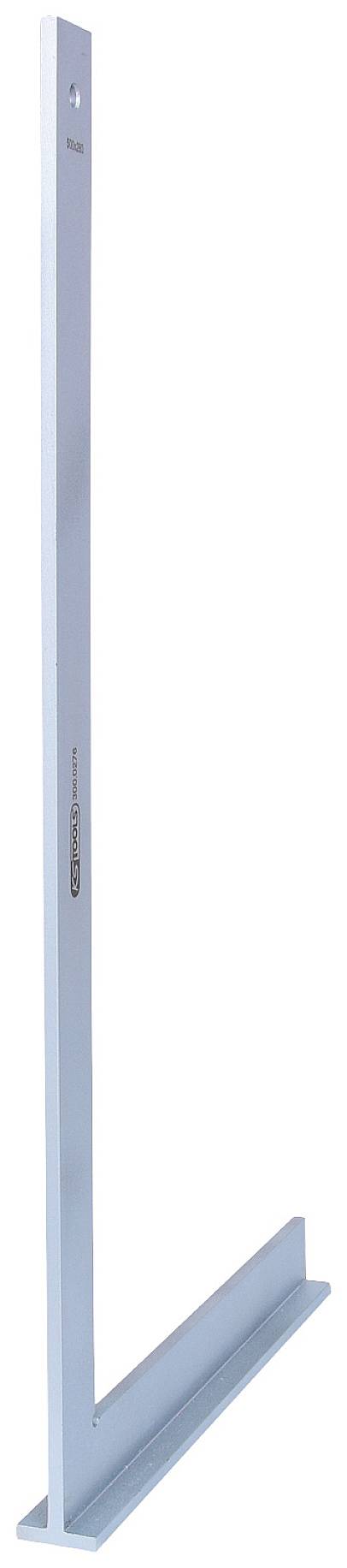 Stříbrné kovové T-měřítko, které se běžně používá při kreslení nebo měření, stojící vzpřímeně.