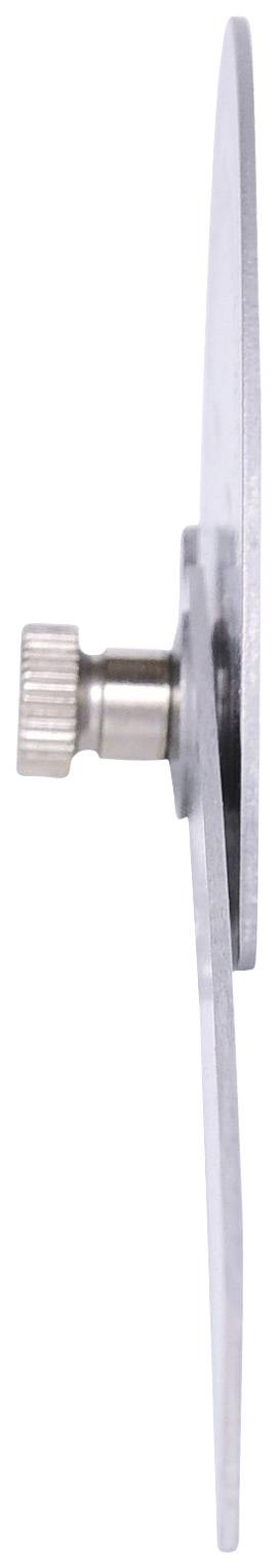 Boční pohled na kulatý, plochý kovový řezný nástroj s centrálním šroubovým mechanismem.